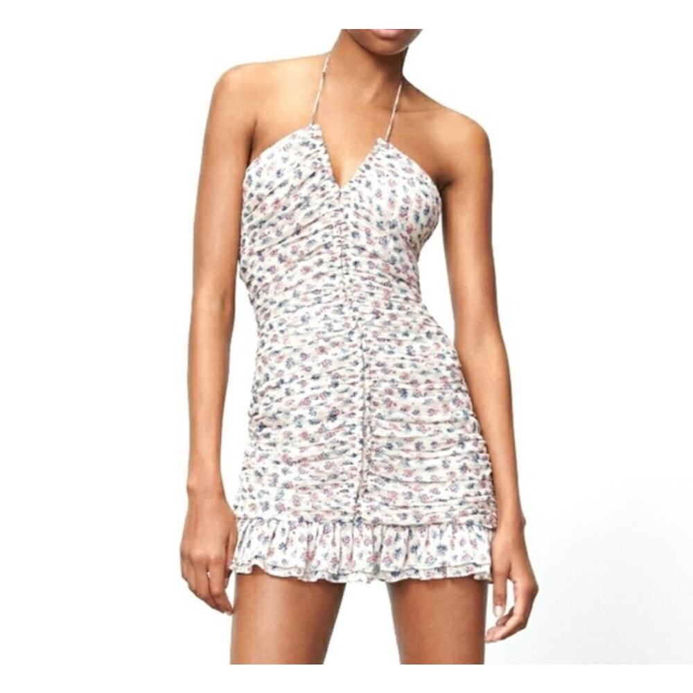 Zara women's beige floral ruched mini‎ halter dress size XS